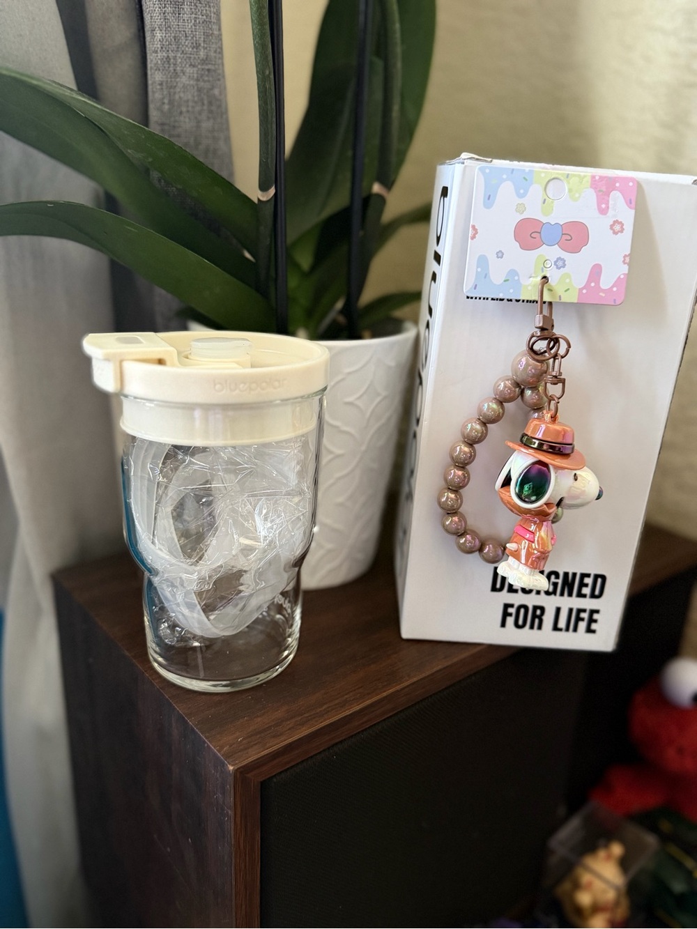 Cute Pink Beaded Character Keychain with glass cup